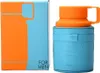 A product shot of a perfume bottle and its box, both featuring a striking orange and light blue color scheme. Podgląd zdjęcia produktu