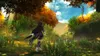 A person with dark hair and a dark cloak runs through a sun-dappled forest in autumn. Produktbild-Vorschau