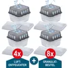 A collage of four dehumidifier units with absorbent bags. Two red circles indicate quantities: '4x' for dehumidifiers and '8x' for refill bags. Produktbild-Vorschau