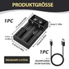 A product image showing a battery charger with dimensions and a charging cable. Produktbild-Vorschau