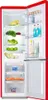 An open red refrigerator filled with food and drinks. Produktbild-Vorschau