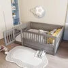 A child's bedroom with a grey wooden bed frame, rug, and toys. Voir les images du produit
