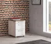 Rollcontainer DURO mit Schloß 3 Schubladen Dekor Pinie weiß antik in Gesamtansicht vor Backsteinwand mit offenen Schubladen. Produktbild-Vorschau
