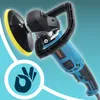 A blue and black polisher with a yellow polishing pad is shown against a light blue background. A circular graphic with an 'OK' hand symbol is in the lower left corner. Voir les images du produit