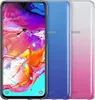 Three Samsung Galaxy A70 phones are displayed side-by-side against a white background. The phone on the left has its screen on, displaying a colorful wallpaper. The other two phones are shown from the back, with gradient color finishes. Produktbild-Vorschau
