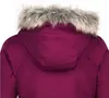 Close-up of the back of a plum-colored jacket with a gray faux fur-lined hood. Produktbild-Vorschau