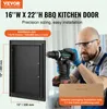 A VEVOR BBQ kitchen door is shown in an advertisement with dimensions and installation instructions. A man is holding a drill next to the door. Podgląd zdjęcia produktu