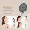 A collage of images showing a shower head and people using it, with descriptive text. Produktbild-Vorschau
