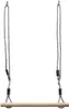 A trapeze swing with a wooden bar and rope hangers, isolated on a white background. Anteprima dell’immagine prodotto