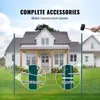 A fence with green posts and wire mesh is shown in front of a house. Close-up insets highlight metal fixing clips and zipper ties used to attach the mesh to the posts. Text overlays describe the product's features and benefits. Produktbild-Vorschau