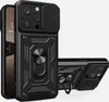 A black protective phone case with a camera cover and a ring stand, shown from two angles against a white background. Produktbild-Vorschau