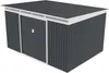A 3D rendering of a dark gray garden shed with a white trim and a corrugated roof, set against a white background. Podgląd zdjęcia produktu