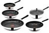A collection of Tefal cookware, including frying pans, a wok, and a saucepan with a lid, arranged on a white background. Produktbild-Vorschau