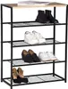A four-tier black metal shoe rack with a light wood top, holding various shoes on each shelf. Náhľad obrázku produktu