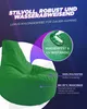 A green beanbag chair is shown with overlaid text and graphics highlighting its features. Produktbild-Vorschau