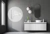 A modern bathroom with a white vanity, sink, and mirror, featuring a circular overlay of a white siphon. Podgląd zdjęcia produktu
