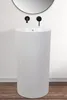 A white pedestal sink with black faucets and a round mirror above it, set against a white wall and wooden floor. Anteprima dell’immagine prodotto