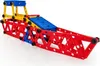 A toy construction set made of plastic pieces in red, blue, and yellow, assembled into a bridge-like structure. Náhľad obrázku produktu