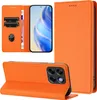 A collage of images showing an orange leather wallet-style phone case for a ZTE Blade V70 Vita. Produktbild-Vorschau