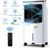 A white air cooler with a remote control and feature icons. Produktbild-Vorschau