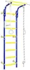 A blue and yellow metal climbing frame with a rope and rings, isolated on a white background. Voir les images du produit