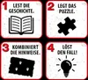 Four panels showing steps to solve a mystery game. Náhľad obrázku produktu