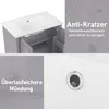 A split image showing a bathroom vanity with its doors open and a close-up of the sink's overflow drain. Text overlays describe features. Náhled obrázku produktu