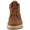 A front view of a brown leather boot with laces and a white sole. Produktbild-Vorschau