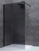 A modern shower enclosure with a dark glass panel and a white shower tray, set against a textured gray wall. Produktbild-Vorschau