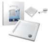 A white acrylic shower tray and its components are displayed against a white background. The packaging for the shower tray is also visible. Produktbild-Vorschau