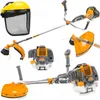 A collage of different views and components of a gasoline-powered string trimmer and a protective face shield. Produktbild-Vorschau