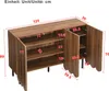 A diagram showing the dimensions of a wooden sideboard. Voir les images du produit