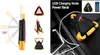 Collage of images showing a warning triangle light with USB charging and power bank features, and a lifestyle shot of it in a car. Voir les images du produit