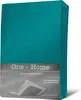 A folded teal fitted sheet is presented on a white background, with a grey label at the bottom displaying product information. Produktbild-Vorschau