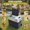A portable refrigerator is shown outdoors in a grassy area with a pool and trees in the background. Various food and drink items are displayed in circular insets around the refrigerator. Voir les images du produit