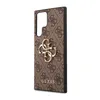 A side view of a brown phone case with a repeating Guess logo pattern and a gold Guess logo emblem. Produktbild-Vorschau