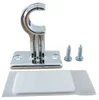 A chrome-plated curtain rod bracket with two screws and a white adhesive pad. Voir les images du produit