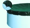 A close-up view of a green tarp covering the top of a light blue cylindrical object, likely a pool. A circular inset shows a detail of how the tarp is secured with a rope and a black toggle. Produktbild-Vorschau