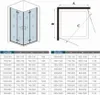 Diagrams and tables showing dimensions and specifications for shower enclosures. Produktbild-Vorschau