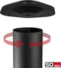 A black metal table leg and a mounting plate are shown against a white background. Red arrows indicate rotation. Produktbild-Vorschau