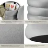 A collage of images showing a gray ottoman with storage and its features. Náhled obrázku produktu