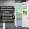 A refrigerator with its door open, showing the interior compartments and shelves. Text overlays describe its features and capacity. Produktbild-Vorschau