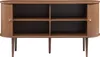 A wooden sideboard with two sliding doors and four open shelves, presented on a white background. Náhled obrázku produktu