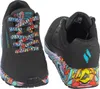 A pair of black Skechers sneakers with colorful abstract patterns on the laces and soles. Náhled obrázku produktu