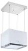 A white island range hood suspended from the ceiling by wires. Produktbild-Vorschau
