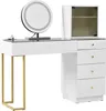 A white vanity desk with gold legs, a lighted mirror, and a glass-doored cabinet. Anteprima dell’immagine prodotto