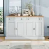 A white sideboard with a wooden top, decorated with vases and artwork, placed in a room with a blue wall and a window. Produktbild-Vorschau