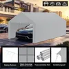 A large grey tent garage with a car inside, set in an outdoor environment with a modern house in the background. The bottom of the image shows close-up details of the tent's construction. Produktbild-Vorschau