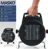 A hand holding a portable electric heater, with product specifications listed on the left. Produktbild-Vorschau