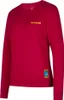 Roter Pullover 'Climbing on the Moon Sweatshirt W' von La Sportiva; mit gelbem Logo und seitlichem Etikett.